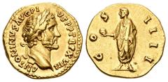 Imperio Romano / Roman Imperial Antonino Pío. Áureo. 138-161 d.C. Roma. (Ric-233a). (Cal-1531). Anv.: ANTONINVS AVG PIVS P P TR P XVIII. Busto laureado a derecha. Rev.: COS IIII. Antonino togado a izq