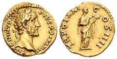 Imperio Romano / Roman Imperial Antonino Pío. Áureo. 157-158 d.C. Roma. (Ric-279a). (Cal-1684). Anv.: ANTONINVS AVG PIVS P P IMP II. Busto laureado a derecha. Rev.: TR POT XXI COS IIII. Salus en pie a