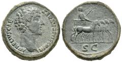 Imperio Romano / Roman Imperial Marco Aurelio. Sestercio. 146 d.C. Roma. (Spink-4810). (Ric-1246). (Ch-582). Rev.: SC. Marco Aurelio en cuadriga con cetro a derecha. Ae. 30,60 g. Muy escasa. MBC+. Est