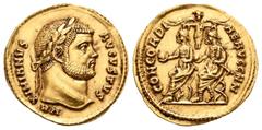 Imperio Romano / Roman Imperial Maximiano Hércules. Áureo. 293 d.C. Cyzicus. (Spink-12993). (Ric-610). (Cal-4612). Anv.: MAXIMIANVS AVGVSTVS. Cabeza laureada a derecha. Rev.: CONCORDIAE AVGG NN. Diocl