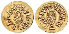 Monedas Visigodas / Visigothic Coins Suinthila (621-631). Tremissis. Valentia (Valencia). (Cnv-300.1 variante). Anv.: +SVINTHILAREX. Rev.: +VALENTIAPIVS. Au. 1,37 g. Las "S" retrógradas en anverso y r