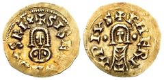 Monedas Visigodas / Visigothic Coins Sisenando (631-636). Tremissis. Emerita (Mérida). (Cnv-358.5). Anv.: +SISENANDVSREX. Rev.: +EMER|T|APIVS. Au. 1,44 g. Muy escasa. EBC. Est...800,00. Sisenando (631