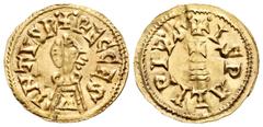 Monedas Visigodas / Visigothic Coins Recesvinto (649-672). Tremissis. Ispali (Sevilla). (Cnv-453.1). Anv.: +·RECCES|V|INTVSR·. Rev.: +·ISPALIPIVS·. Au. 1,51 g. Muy escasa. EBC-. Est...1500,00. Recesvi