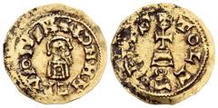 Monedas Visigodas / Visigothic Coins Ervigio (680-687). Tremissis. Toleto (Toledo). (Cnv-497.8). Anv.: +IDN.M.N ERVIGIVS RX. Busto barbado a derecha. Rev.: +TOLETOPIVS. Cruz sobre grada con adorno y g