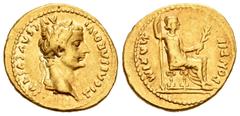 Roman Imperial Tiberius. Áureo. 14-37 d.C. Lugdunum. (Ric-27). (Cal-305a). (Ch-15). Anv.: TI CAESAR DIVI AVG F AVGVSTV(S). Cabeza más pequeña laureada de Tiberio a derecha con lazo sobre su hombro. Re