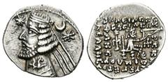 Greek Coins Imperio Parto. Orodes II. Dracma. 57-38 a.C. (Gc-7445). Anv.: Cabeza barbada y diademada con tiara a izquierda, delante estrella, detrás estrella y creciente. Rev.: Arquero entronizado a d
