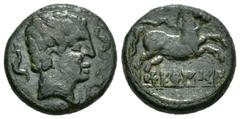 Ancient Hispania Seteisken. Semis. 120-20 a.C. Sástago (Zaragoza). (Abh-2216). (Acip-1463). (C-9). Anv.: Cabeza masculina rodeada de tres delfines. Rev.: Caballo saltando a derecha, debajo SETEISKEN. 