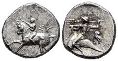 Grecia Antigua / Greek Coins Calabria. Tarentum. Dracma. 275-235 a.C. Lykinos. (Sng Ans-116). (HNItaly-1025). Anv.: Joven montado a caballo a izquierda. Rev.: Taras sobre delfín a izquierda con triden