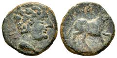 Hispania Antigua / Ancient Hispania Abariltur. Semis. 120-20 a.C. Zona de Cataluña. (Abh-3). (Acip-2068). Anv.: Cabeza masculina a derecha, detrás BAN. Rev.: Toro caminando a derecha. Ae. 4,19 g. Rara