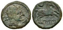 Hispania Antigua / Ancient Hispania Bilbilis. Semis. 120-30 a.C. Calatayud (Zaragoza). (Abh-266). (Acip-1572). Anv.: Cabeza masculina a derecha, delante delfín, detrás S. Rev.: Caballo saltando a dere