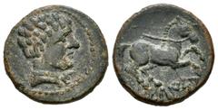 Hispania Antigua / Ancient Hispania Sekaisa. Semis. 120-20 a.C. Zona de Aragón. (Acip-1550). (C-30). (Abh-2145). Anv.: Cabeza masculina a derecha, delante signo S. Rev.: Caballo a derecha, debajo leye