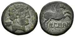 Hispania Antigua / Ancient Hispania Bolskan. Semis. 180-20 a.C. Huesca. (Abh-1921). (Acip-1416). Anv.: Cabeza barbada a derecha, detrás BO. Rev.: Pegaso a derecha, debajo BOLSKAN . Ae. 8,86 g. Escasa.