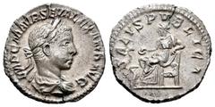 Imperio Romano /Roman Imperial Alejandro Severo. Denario. 222 d.C. Roma. (Spink-7925). (Ric-178). Rev.: SALVS PVBLICA. Salud sentada a izquierda alimentando a una serpiente. Ag. 3,19 g. EBC-/MBC+. Est