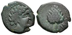 Celtiberian Coins / Hispania Antigua Olont. Semis. 50-20 a.C. Aznalcázar (Sevilla). (Abh-1878). (Acip-854). Anv.: Cabeza masculina a derecha . Rev.: Piña a derecha, debajo inscripción púnica L'NT. Ae.