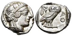 Greek Coins / Grecia Antigua Ática. Tetradracma. 454-404 a.C. Atenas. (Gc-2526). (Cy-2019). (Sng Cop-31). Anv.: Cabeza de Atenas con casco a derecha. Rev.: Lechuza a derecha, mirando de frente, detrás