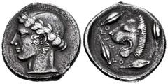 Greek Coins / Grecia Antigua Sicilia. Leontinoi. Tetradracma. 440-430 a.C. (Seaby-834 variante). (Sng Ans-235). Anv.: Cabeza de Apolo a derecha. Rev.: Cabeza de león a izquierda con cuatro granos de c