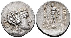 Greek Coins / Grecia Antigua Tracia. Maroneia. Tetradracma. 120 a.C. (Gc-1635). Anv.: Cabeza de Dionisios a derecha. Rev.: Dionisos en pie a izquierda con dos lanzas y racimo de uvas . Ag. 16,21 g. MB