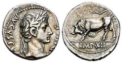 Roman Republican / República Romana Augusto. Denario. 11-10 a.C. Lugdunum. (Ric-189a). (Ffc-123, mismo ejemplar). (Ch-159). Anv.: AVGVSTVS DIVI. F. Cabeza descubierta a derecha.. Rev.: Toro embistiend