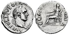 Roman Imperial / Imperio Romano Vitelio. Denario. 69 d.C. Roma. (Spink-2196). (Ric-90). Anv.: A VITELLIVS GERM IMP AVG TR P. Cabeza laureada a derecha. Rev.: CONCORDIA P R. Concordia sentada a izquier