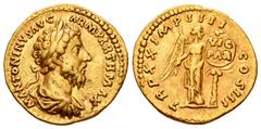 Roman Imperial / Imperio Romano Marco Aurelio. Áureo. 166 d.C. Roma. (Ric-160). (Cal-1992). Anv.: ANTONINVS AVG ARM PARTH MAX. Busto laureado, drapeado y acorazado a derecha. Rev.: TR P XX IMP IIII CO