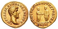 Roman Imperial / Imperio Romano Lucio Vero. Áureo. 161 d.C. Roma. (Ric-453). (Cal-2115). Anv.: IMP CAES L AVREL VERVS AVG. Busto desnudo a derecha con égida. Rev.: CONCORDIAE AVGVSTOR TR P / COS II. L