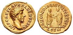 Roman Imperial / Imperio Romano Lucio Vero. Áureo. 161 d.C. Roma. (Ric-473). (Cal-2119). Anv.: IMP CAES L AVREL VERVS AVG. Busto desnudo a derecha con égida. Rev.: CONCORDIAE AVGVSTOR TR P II / COS II