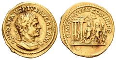 Roman Imperial / Imperio Romano Caracalla. Áureo. 215 d.C. Roma. (Cal-2732). (Ric-270a). Anv.: ANTONINVS PIVS AVG GERM. Busto laureado, drapeado y acorazado a derecha. Rev.: P M TR P XVIIl COS IIII P 