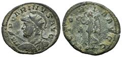 Roman Imperial / Imperio Romano Carino. Antoniniano. 283-285 d.C. Lugdunum. (Ric-220 variante). Anv.: IMP CARINVS AVG. Busto radiado a izquierda con casco y coraza, portando escudo y lanza hacia delan