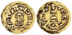 Visigothic Coins / Monedas Visigodas Ervigio (680-687). Tremissis. Toleto (Toledo). (Cnv-497.8). Anv.: +IDN.M.N ERVIGIVS RX. Busto barbado a derecha. Rev.: +TOLETOPIVS. Cruz sobre grada con adorno y g