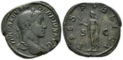 Roman Imperial / Imperio Romano Alejandro Severo. Sestercio. 232 d.C. Roma. (Ch-547 var.). (Ric-648b). Anv.: IMP ALEXANDER PIVS AVG. Busto laureado y drapeado a derecha. Rev.: SPES PVBLICA/ S|C. La es