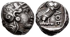Greek Coins / Grecia Antigua Attica. Tetradracma. 480-407 a.C. Atenas. (Gc-2526). (Cy-2031). Rev.: Lechuza a derecha, mirando de frente con rama de olivo y creciente, delante AOE. Ag. 16,90 g. MBC/MBC