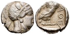 Greek Coins / Grecia Antigua Attica. Atenas. Tetradracma. 440-404 a.C. (Gc-2526). (Sng Cop-31). Anv.: Cabeza de Atenea con casco a derecha. Rev.: Lechuza a derecha, mirando de frente con rama de olivo