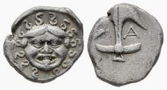 Greek Coins / Grecia Antigua Tracia. Apolonia Pontika. Dracma. 450-400 a.C. (Gc-1655). (Cy-1544). Anv.: Cabeza de Gorgon. Rev.: Ancla entre crustaceo y A. Ag. 3,25 g. MBC. Est...80,00. /// ENGLISH: Th