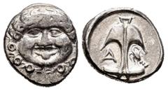 Greek Coins / Grecia Antigua Tracia. Apolonia Pontika. Dracma. 400-380 a.C. (Seaby-1655). (Cy-1543). Anv.: Cabeza de Gorgon. Rev.: Ancla con A y cangrejo. Ag. 2,84 g. MBC+/EBC-. Est...60,00. /// ENGLI