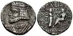 Greek Coins / Grecia Antigua Imperio Parto. Vologases I. Tetradracma. 51-54 d.C. Anv.: Busto diademado a izquierda, con collar con medallón. Rev.: Vologases sentado a izquierda, recibiendo una corona 