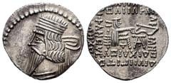 Greek Coins / Grecia Antigua Imperio Parto. Vologases III. Dracma. 105-147 d.C. (Gc-5831). (Mitchiner-672). Anv.: Busto diademado a izquierda. Rev.: Arquero entronizado a derecha, alrededor leyenda.. 
