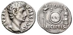 Roma Imperatorial Augusto. Denario. 19 a.C. Colonia Patricia (Córdoba). (Ffc-181). (Ric-86a). (Cal-749). Anv.: Cabeza descubierta de Augusto a derecha, CAESAR AVGVSTVS. Rev.: Escudo en el que se lee: 