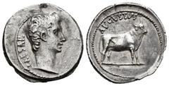 Roma Imperatorial Augusto. Denario. 21-20 a.C. Samos. (Ffc-19). (Ric-475). (Ch-28). Anv.: CAESAR. Busto desnudo a derecha. Rev.: AVGVSTVS. Toro parado a derecha. Ag. 3,60 g. Grieta. Rara. MBC+. Est...