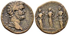 Roman Imperial / Imperio Romano Septimio Severo. Sestercio. 194 d.C. Roma. (Ric-670). Rev.: Las tres Monetae de pie a la izquierda, cada una sosteniendo balanzas y cuernos de la abundancia. Ae. 18,97 