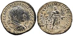 Roman Imperial / Imperio Romano Caracalla. Sestercio. 215 d.C. Roma. (Ric-538). (Ch-329). Rev.: P M TR P XVIII IMP III COS IIII P P SC. Esculapio en pie con vara de serpiente, a sus pies telesphorus y