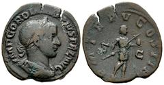 Roman Imperial / Imperio Romano Gordiano III. Sestercio. 240 d.C. Roma. (Spink-8741). Rev.: P M TR P V COS II P (P). Gordiano en pie a izquierda con vestimenta militar y globo. Ae. 18,34 g. MBC-. Est.