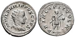 Roman Imperial / Imperio Romano Filipo II. Antoniniano. 245-246 d.C. Roma. (Spink-9242). (Ric-21c). (Seaby-54). Rev.: PRINCIPI IVVENT. Filipo II en pie a derecha con uniforme militar, lanza y globo. A