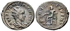 Roman Imperial / Imperio Romano Herenio Etrusco. Antoniniano. 251 d.C. Roma. (Spink-9522). (Ric-153b). (Seaby-19). Rev.: PRINC IVVENT. Apolo sentado a izquiereda con rara. Ag. 4,78 g. Ligero tono azul