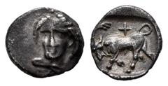 Greek Coins / Grecia Antigua Ionia. Phygela. Hemiobol. 400-350 a.C. (Klein-457). (Sng Kayhan-542). Anv.: Head of Artemis Munychia with poles facing slightly to the left. Rev.: Bull charging to the lef