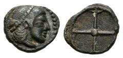 Greek Coins / Grecia Antigua Sicily. Syracuse. Obol. 478–475 BC. (HGC 2, 1371). Anv.: Head of Arethousa right, wearing pearl tainia. Rev.: Wheel with four spokes. 0,58 g. Choice VF. Est...200,00. /// 