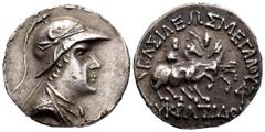 Greek Coins / Grecia Antigua Kings of Bactria. Eukratides I Megas. Tetradrachm. 170-145 a.C. (Sng Ans-465). (Bopearachchi-6E). Anv.: Right-hand bust with headband, draping and helmet adorned with horn