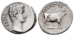 Roman Imperatorial Augustus. Denario. 21-20 a.C. Samos. (Ric-475). (Bmc-663). (Ch-18). Anv.: CAESAR. Naked head to right. Rev.: AVGVSTVS. Bull standing to the right. Ag. 3,94 g. Struck on a full flan.