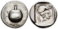 Greek Coins / Grecia Antigua Pamphylia. Side. Tetradrachm. 430-400 BC. (Sng France-627). (SNG von Aulock-4765). Anv.: Pomegranate with its stem above and flower below. Rev.: Head of Athena to right, w