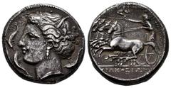 Greek Coins / Grecia Antigua Sicily. Syracuse. Tetradrachm. 317-310 BC. Tiempos de Agathokles. (Lerardi-68). (Sng Ans-640). (McClean-2817). Anv.: Head of Arethusa left, wearing wreath of grain ears, t
