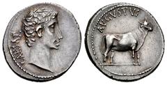 Roman Imperatorial Augustus. Denarius. 21-20 BC. Samos. (Ffc-19). (Ric-475). (Cal-821). Anv.: CAESAR bare head of Augustus right. Rev.: AVGVSTVS above heifer right. Ag. Beautiful color and appearance.